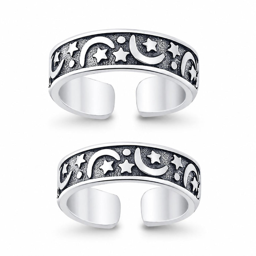 Moon and Star Wide Double Toe Ring – 925 Sterling Silver