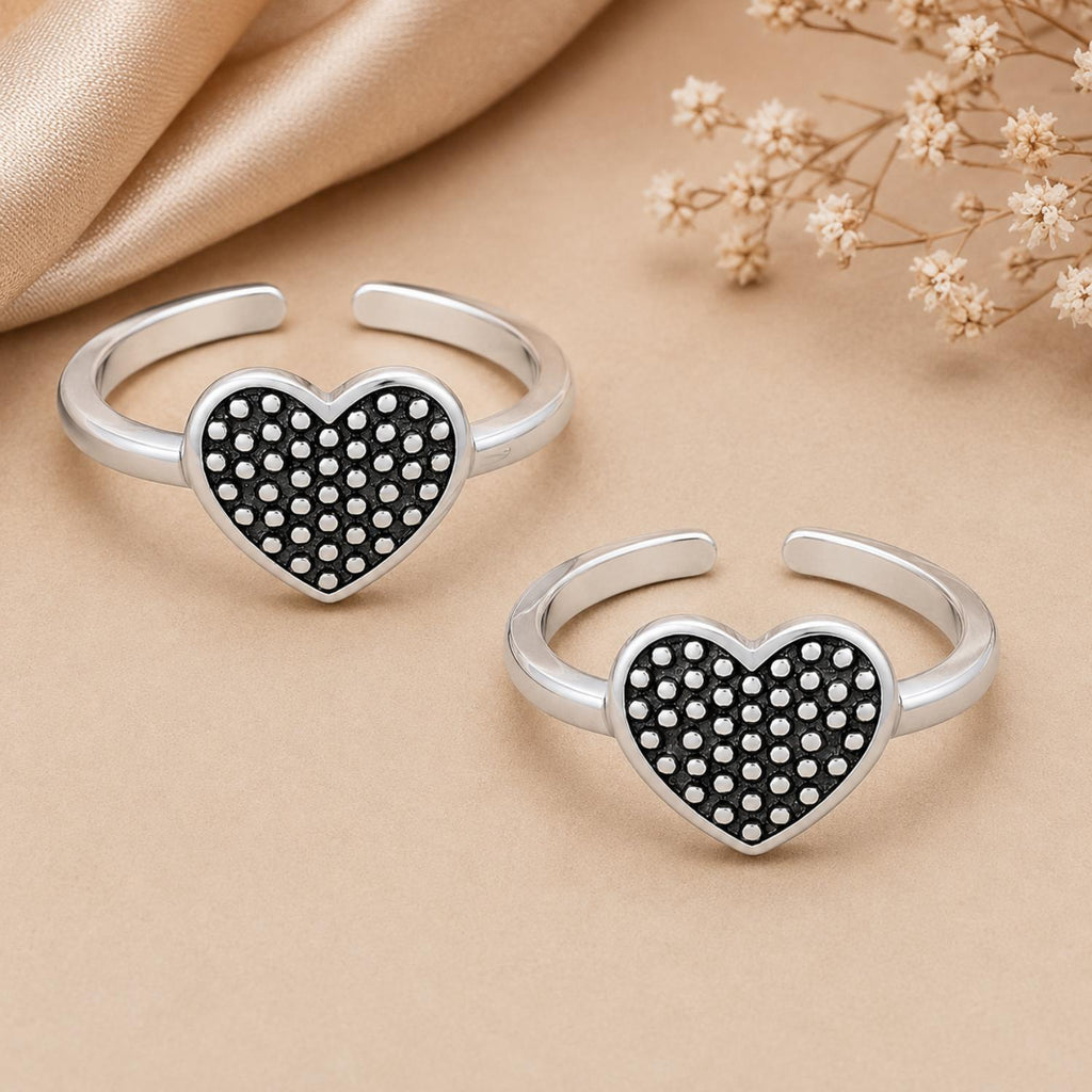 925 Sterling Silver Heart Double Toe Ring – Oxidized Heart Design Adjustable Toe Ring