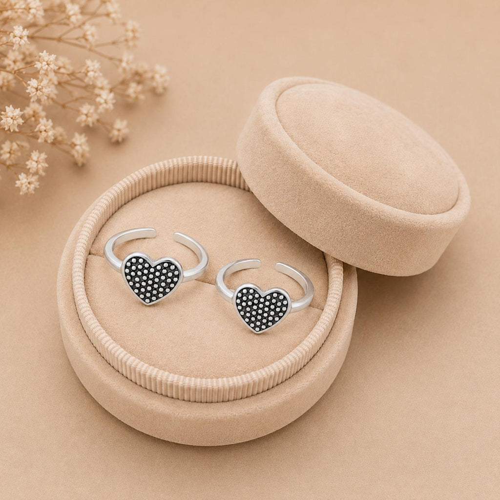 925 Sterling Silver Heart Double Toe Ring – Oxidized Heart Design Adjustable Toe Ring