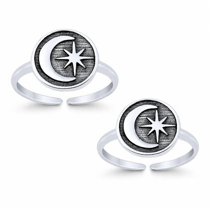 Crescent Moon and Star Double Toe Ring – 925 Sterling Silver
