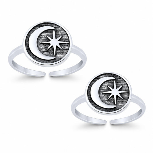 Crescent Moon and Star Double Toe Ring – 925 Sterling Silver