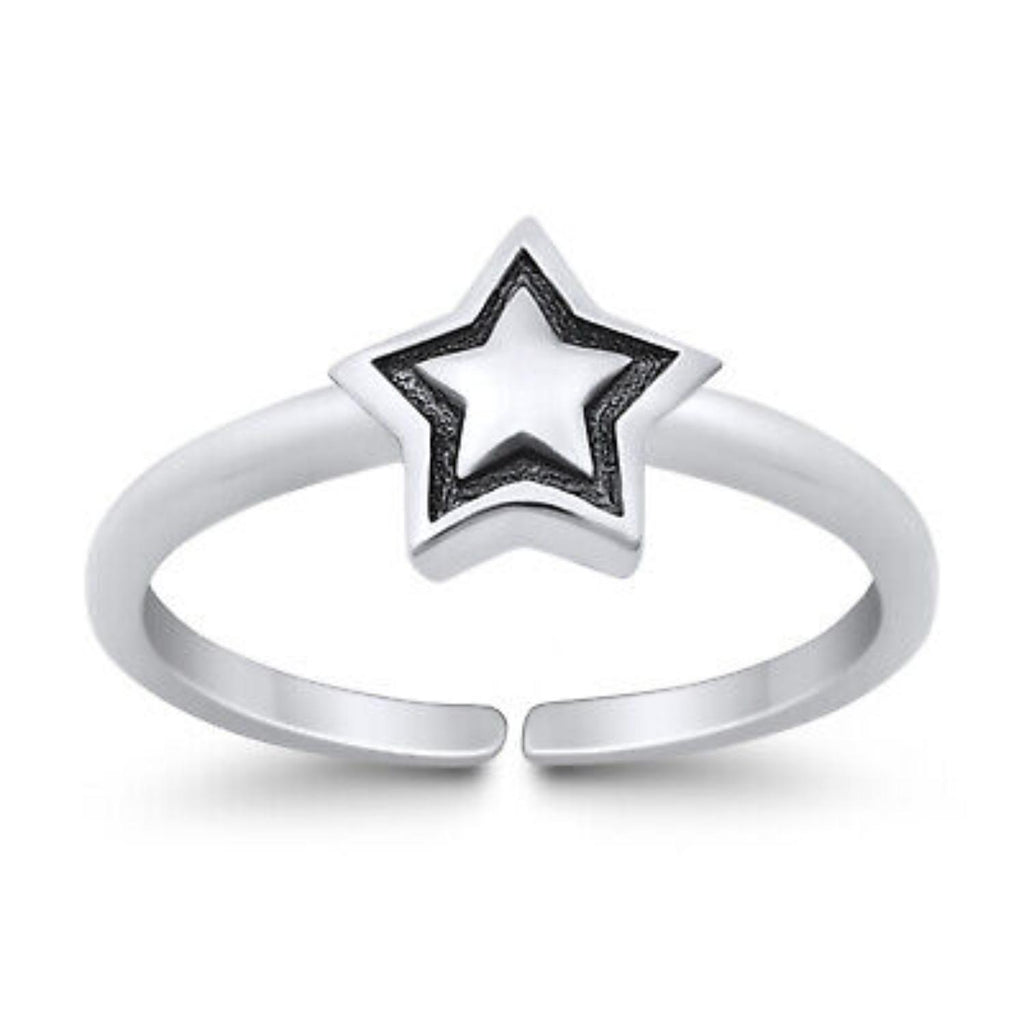 925 Sterling Silver Star Double Toe Ring – Oxidized Star Design Adjustable Toe Ring