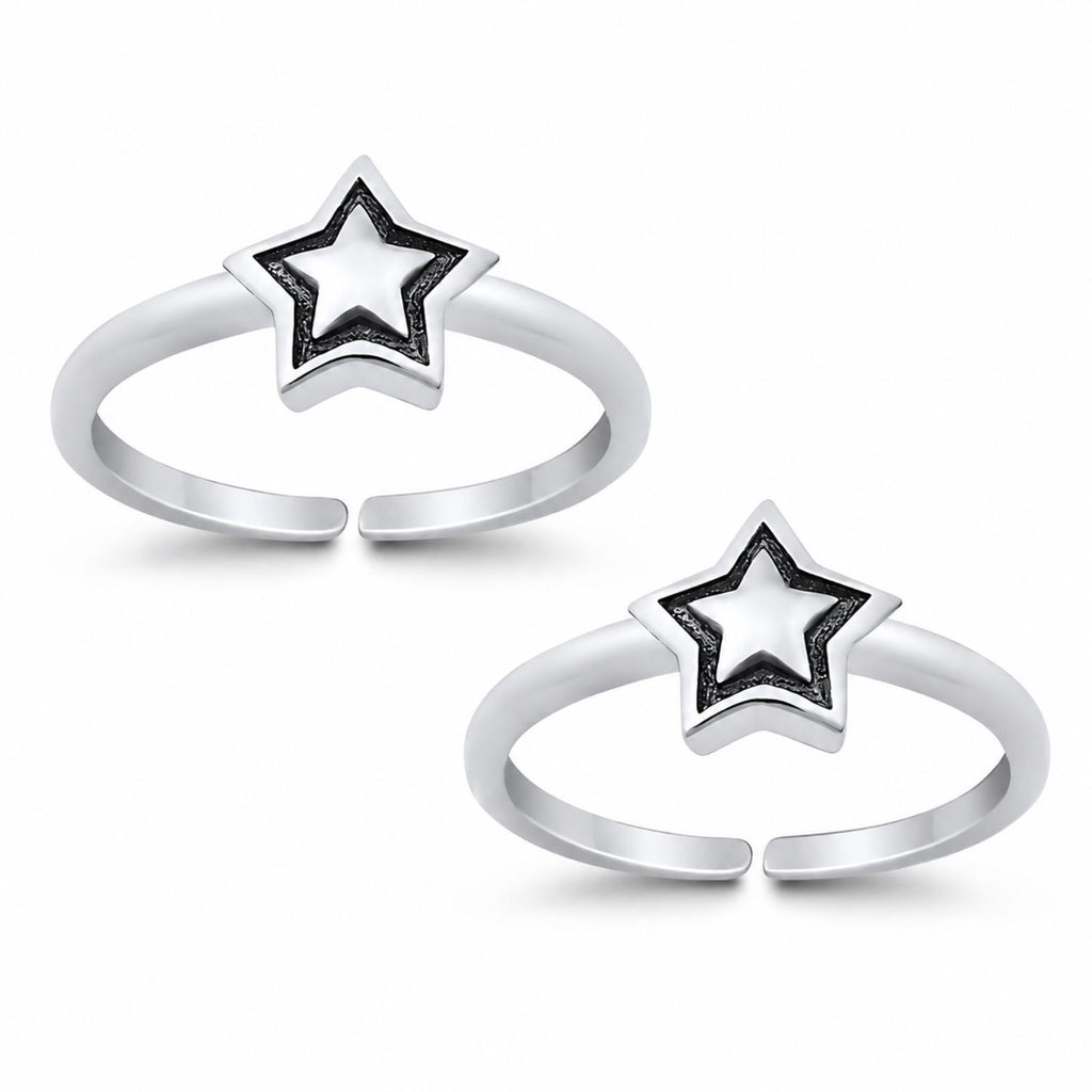 925 Sterling Silver Star Double Toe Ring – Oxidized Star Design Adjustable Toe Ring