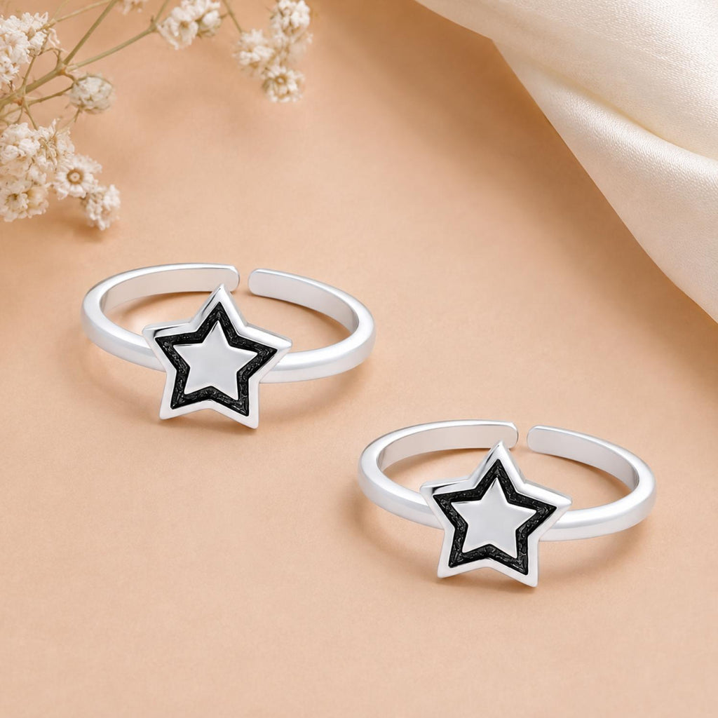 925 Sterling Silver Star Double Toe Ring – Oxidized Star Design Adjustable Toe Ring