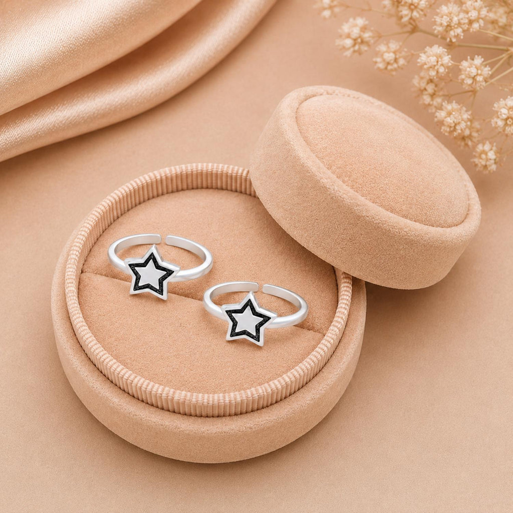 925 Sterling Silver Star Double Toe Ring – Oxidized Star Design Adjustable Toe Ring