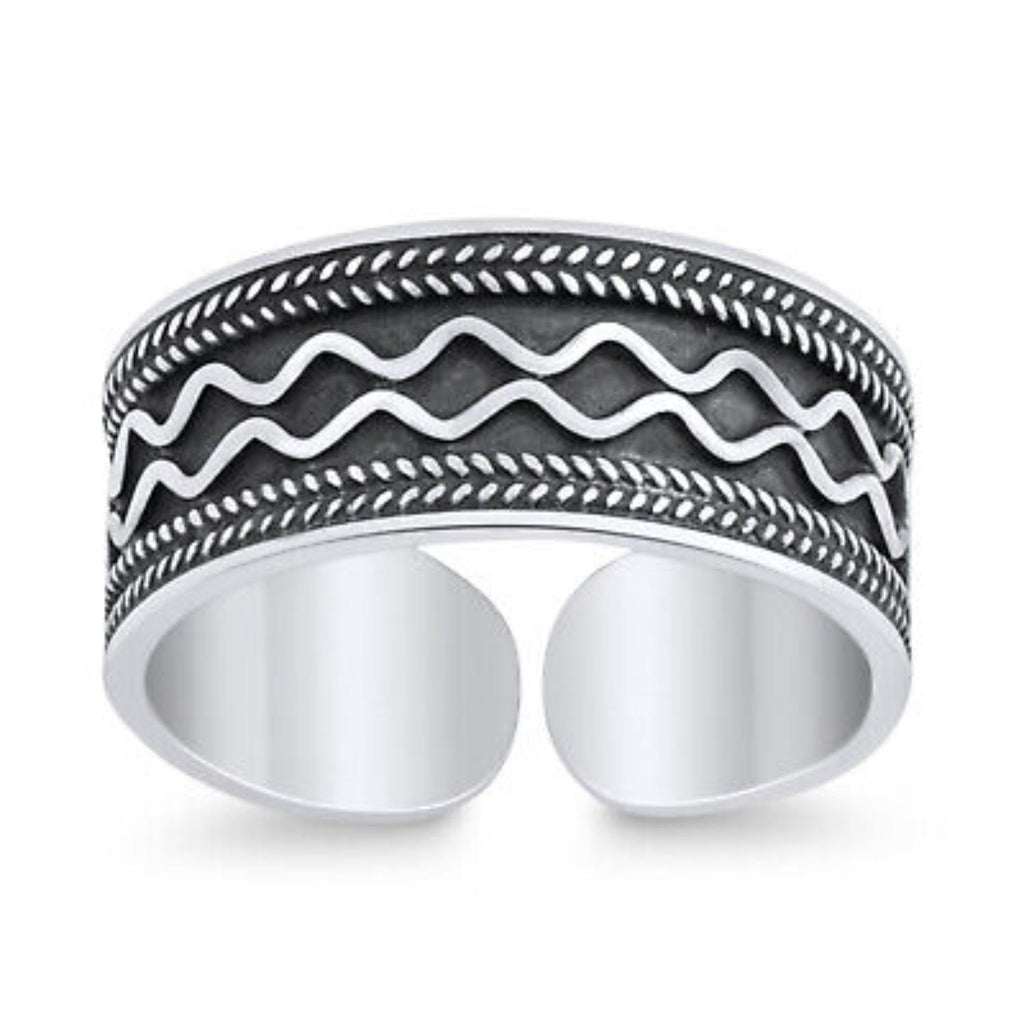 925 Sterling Silver Oxidized Wide Toe Ring – Wave & Leaf Pattern Adjustable Band