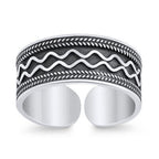 925 Sterling Silver Oxidized Wide Toe Ring – Wave & Leaf Pattern Adjustable Band