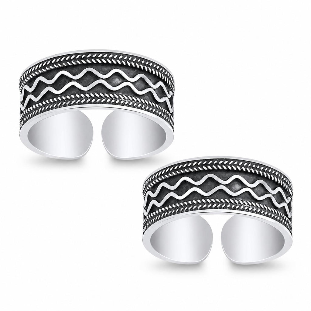 925 Sterling Silver Oxidized Wide Toe Ring – Wave & Leaf Pattern Adjustable Band