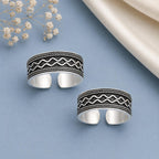 925 Sterling Silver Oxidized Wide Toe Ring – Wave & Leaf Pattern Adjustable Band