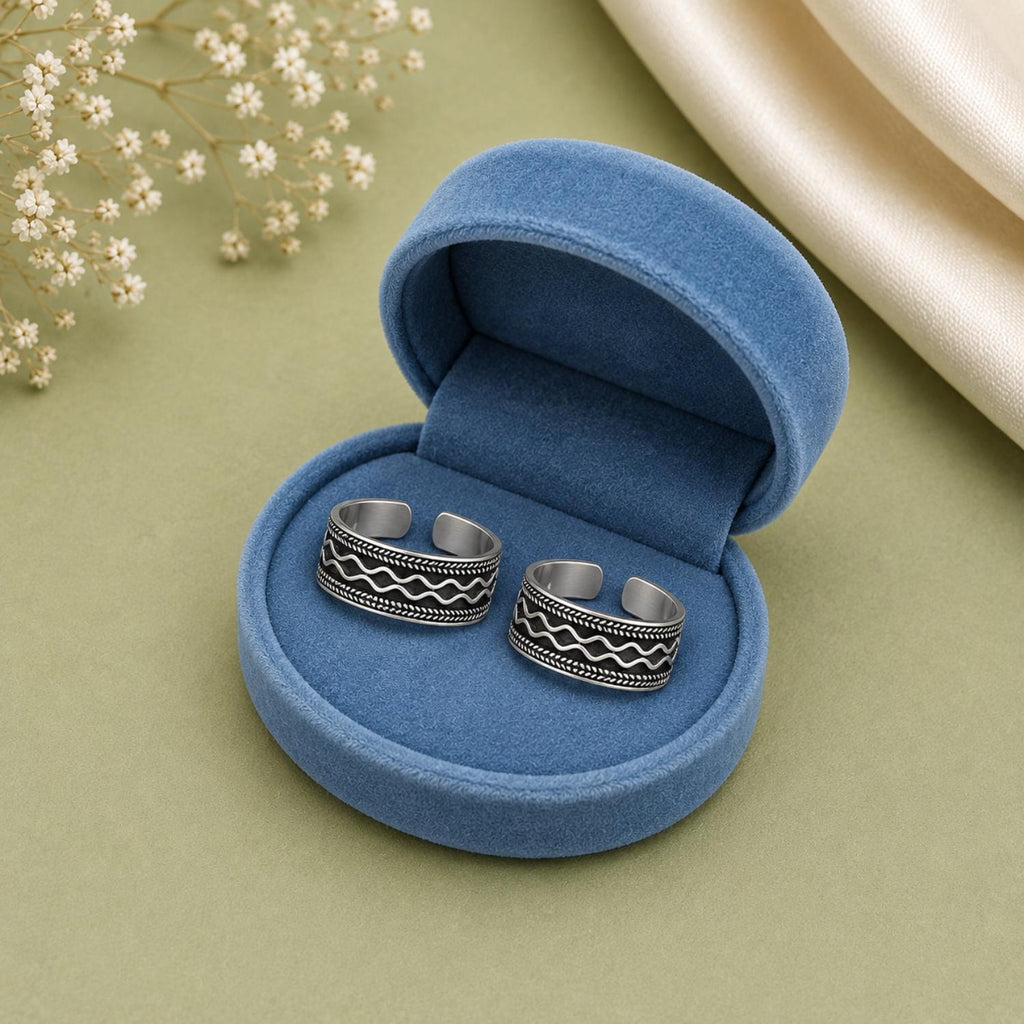 925 Sterling Silver Oxidized Wide Toe Ring – Wave & Leaf Pattern Adjustable Band