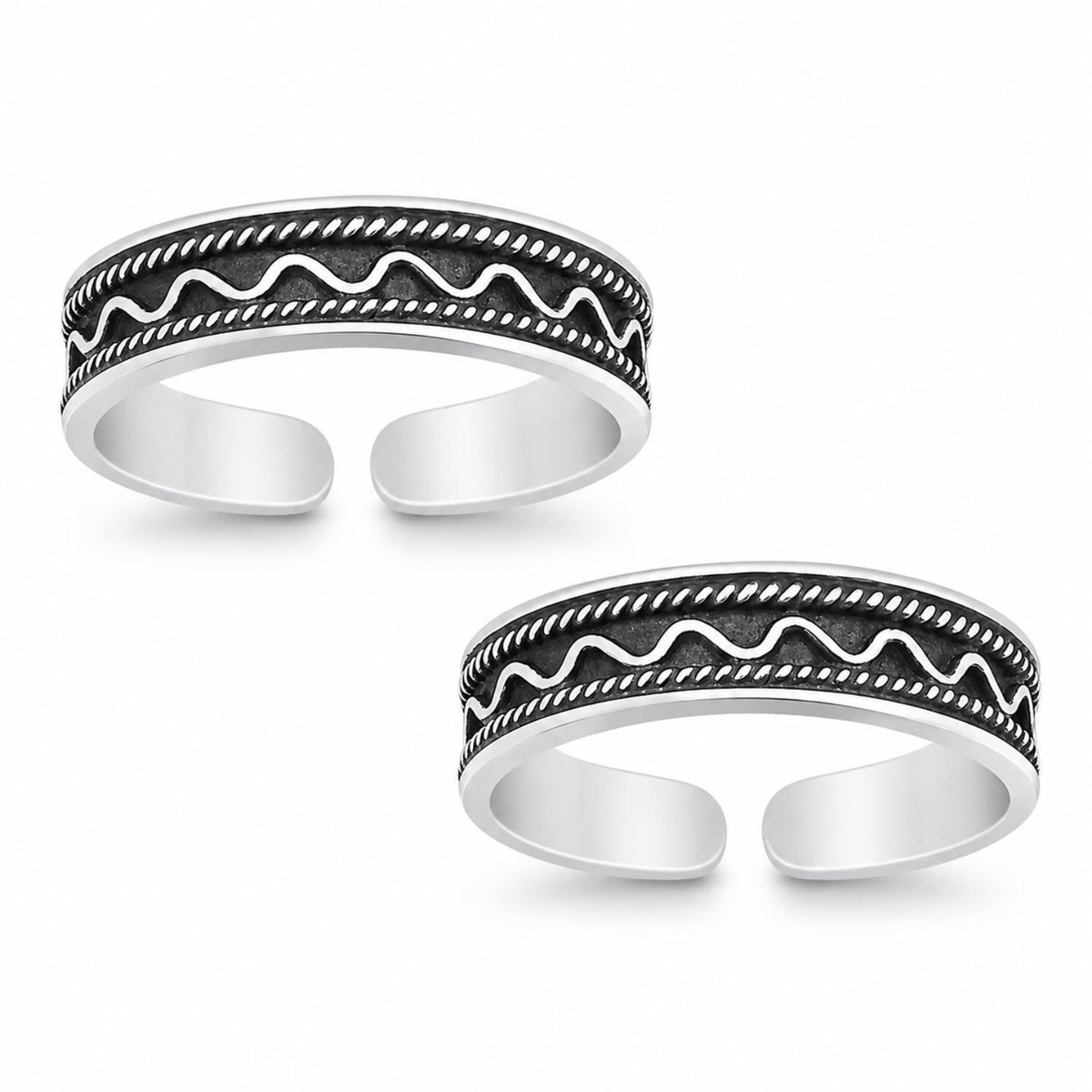 Oxidised Wave and Rope Toe Ring Pair – 925 Sterling Silver