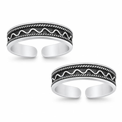 Oxidised Wave and Rope Toe Ring Pair – 925 Sterling Silver