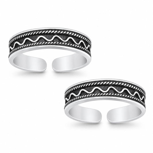 Oxidised Wave and Rope Toe Ring Pair – 925 Sterling Silver