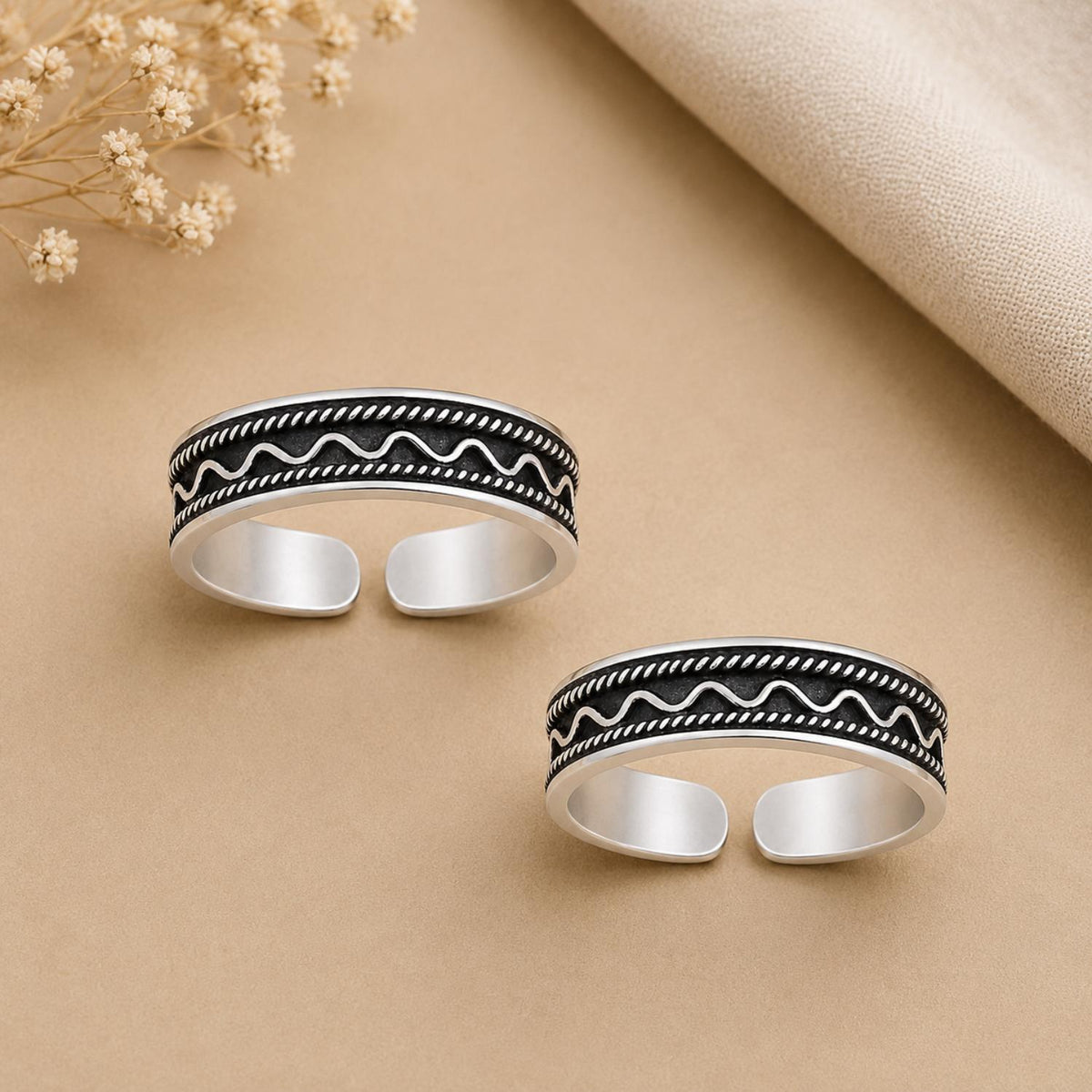 Oxidised Wave and Rope Toe Ring Pair – 925 Sterling Silver