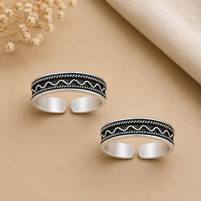 Oxidised Wave and Rope Toe Ring Pair – 925 Sterling Silver