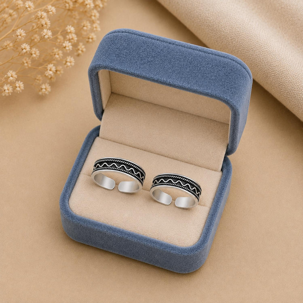 Oxidised Wave and Rope Toe Ring Pair – 925 Sterling Silver
