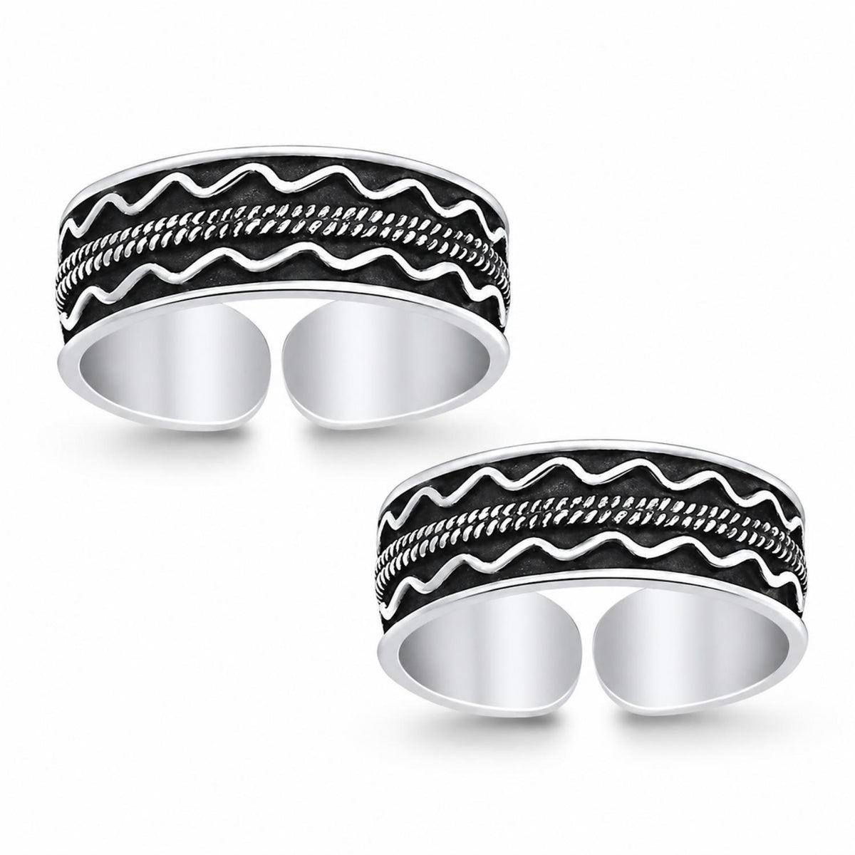Oxidised Layered Wave Toe Ring Pair – 925 Sterling Silver