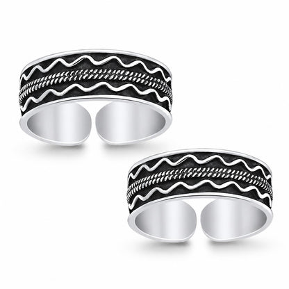 Oxidised Layered Wave Toe Ring Pair – 925 Sterling Silver
