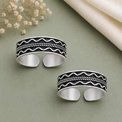 Oxidised Layered Wave Toe Ring Pair – 925 Sterling Silver