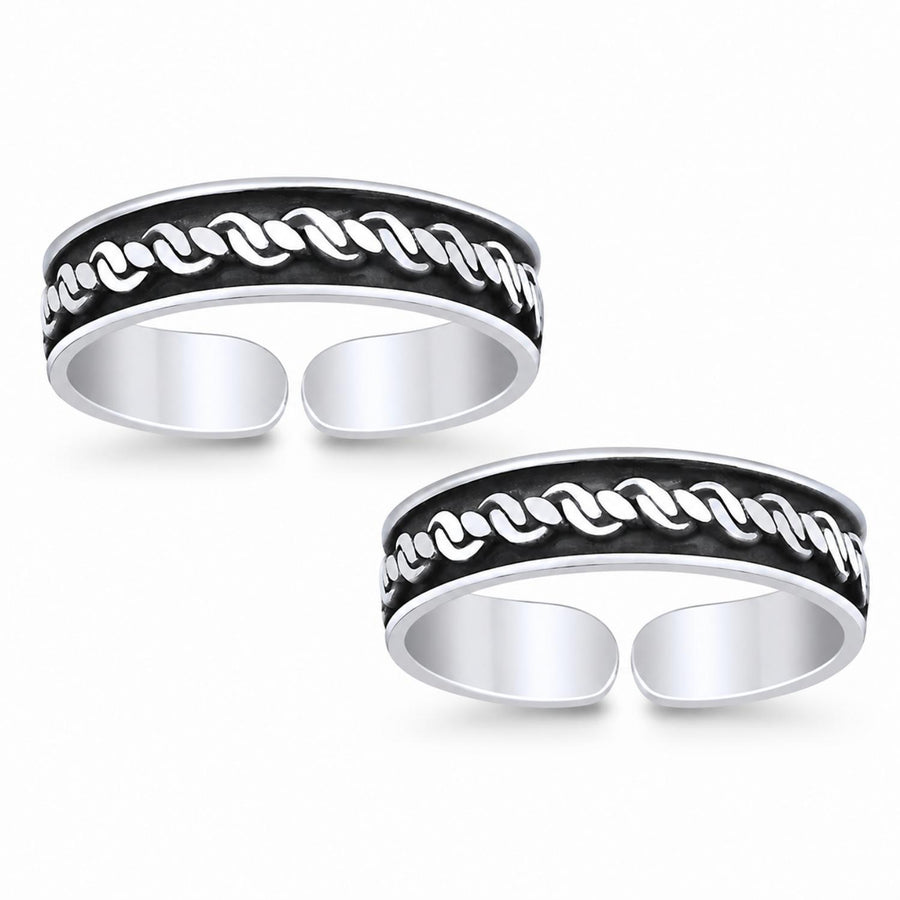 Oxidised Chain Pattern Open Toe Ring Pair – 925 Sterling Silver