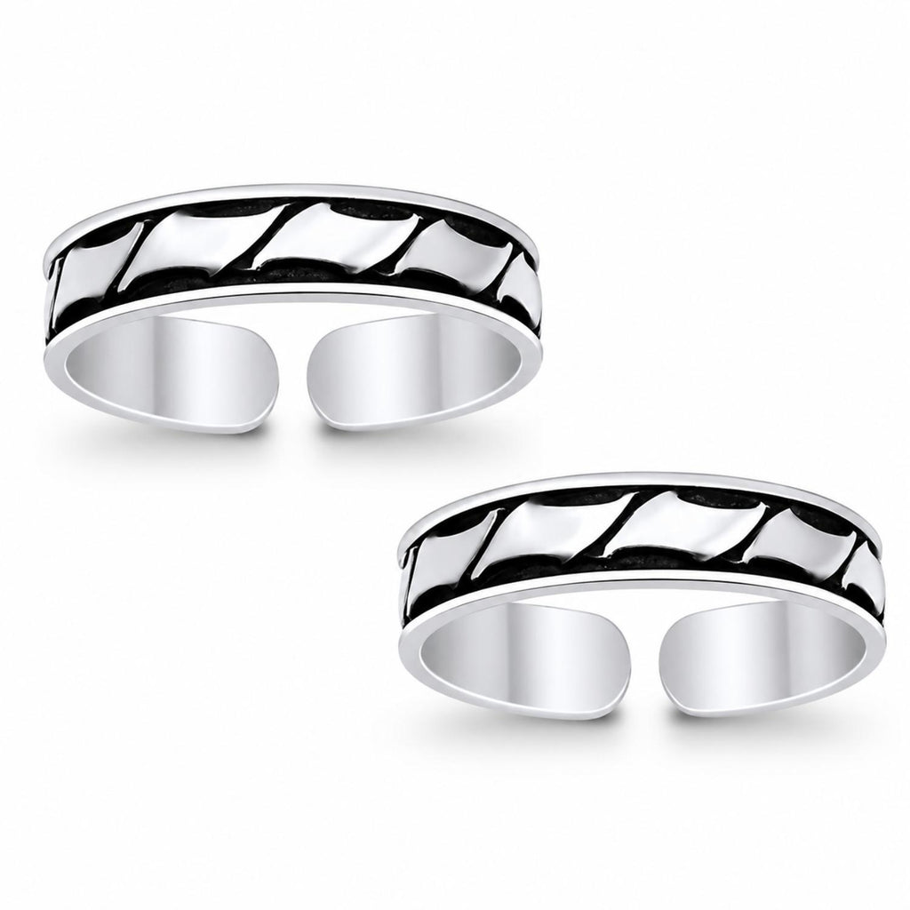 925 Sterling Silver Oxidized Geometric Pattern Open Toe Ring Pair – Adjustable