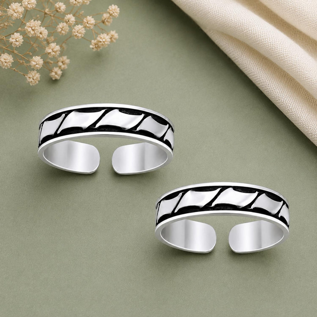 925 Sterling Silver Oxidized Geometric Pattern Open Toe Ring Pair – Adjustable