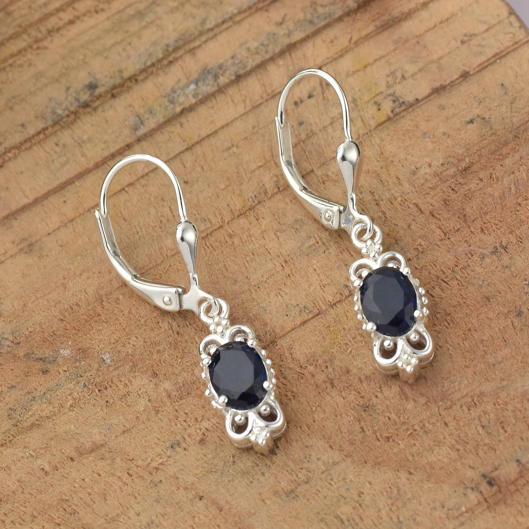 Victorian Style 7x5MM Oval Blue Sapphire Dangle Earrings - 925 Sterling Silver