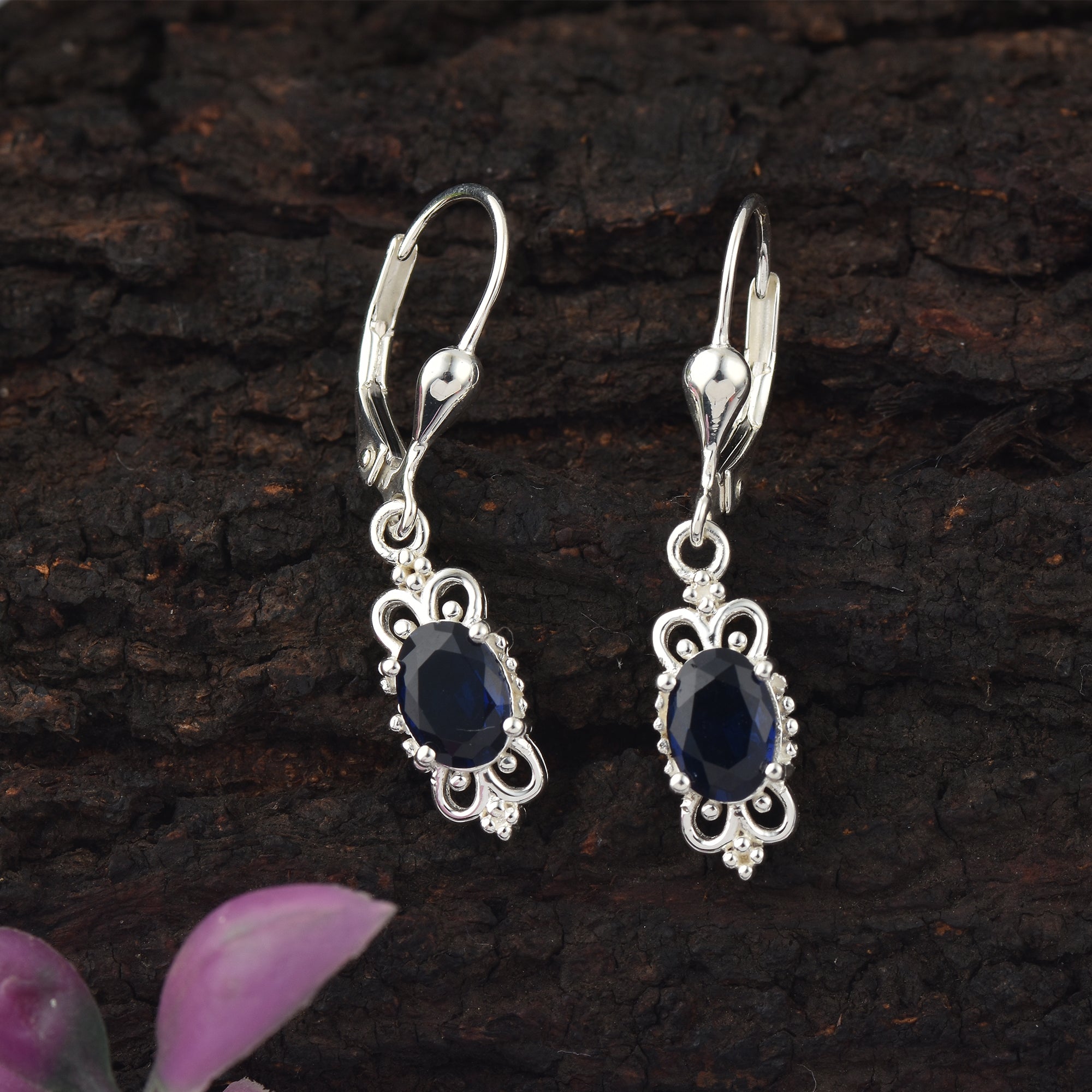 Victorian Style 7x5MM Oval Blue Sapphire Dangle Earrings - 925 Sterling Silver