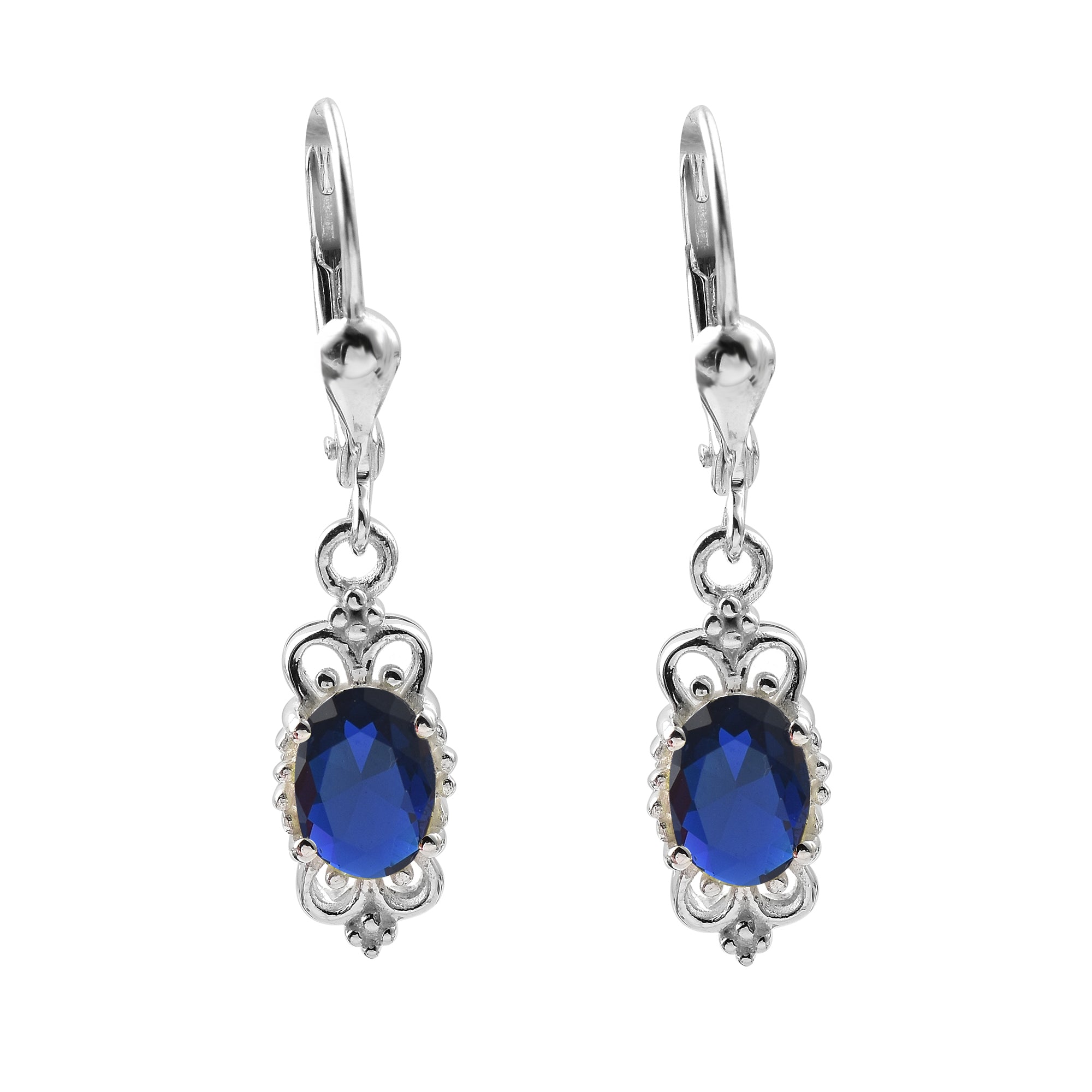 Victorian Style 7x5MM Oval Blue Sapphire Dangle Earrings - 925 Sterling Silver