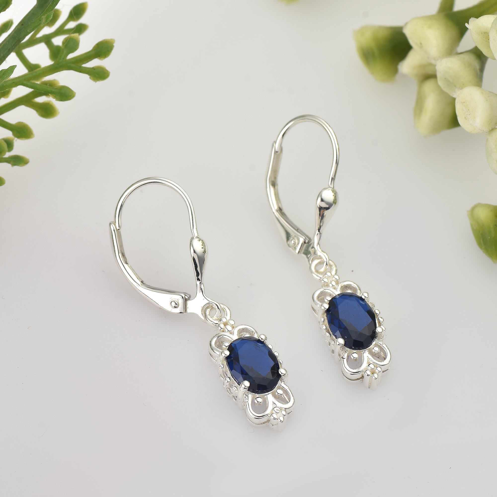 Victorian Style 7x5MM Oval Blue Sapphire Dangle Earrings - 925 Sterling Silver