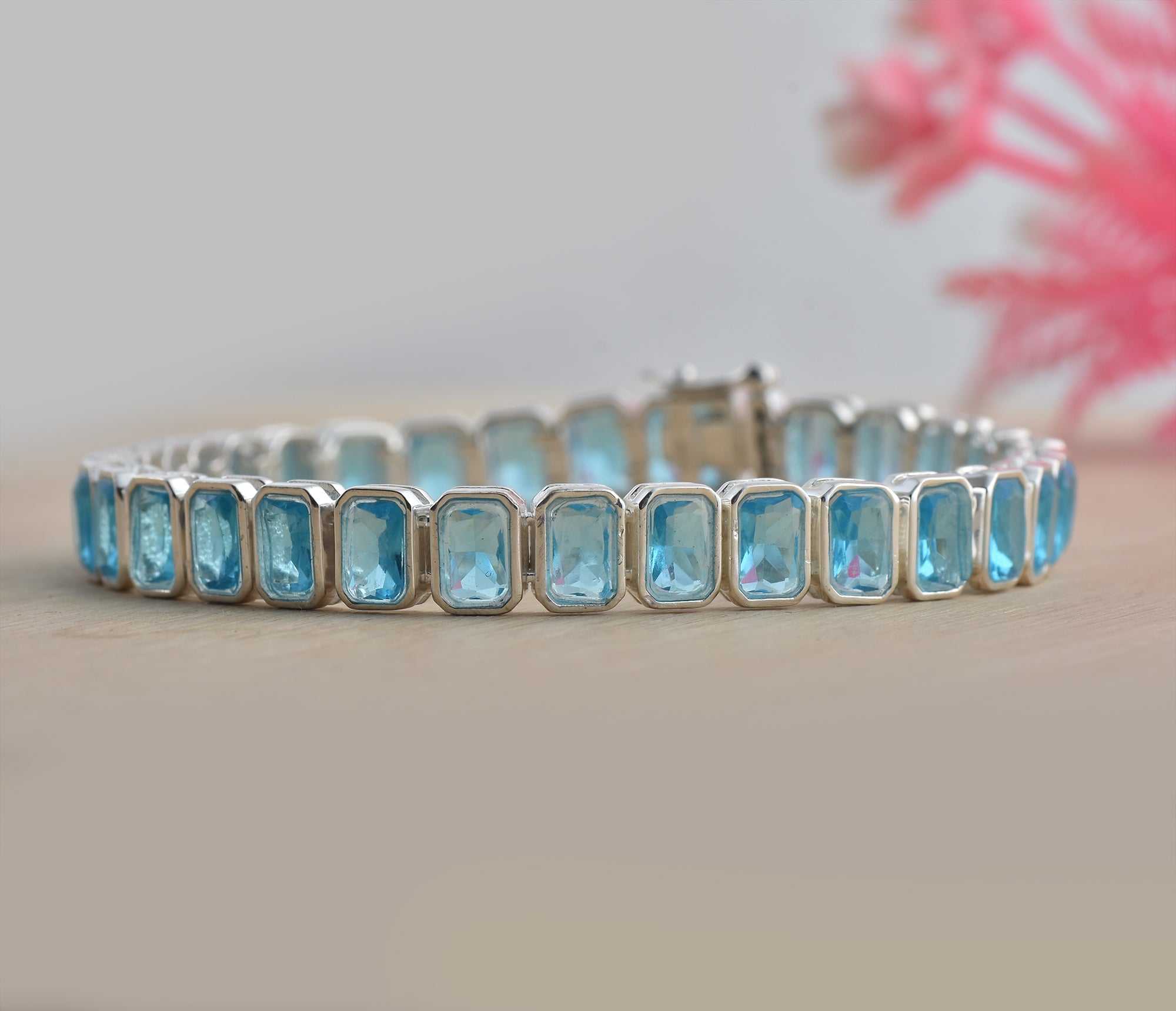 15.50 Ct Octagon Cut Aquamrine Tennis Bracelet 925 Sterling Silver