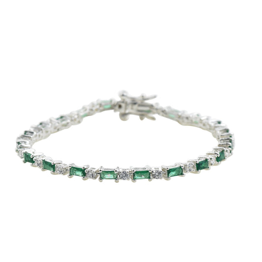 Baguette-Cut Emerald Tennis Bracelet – 925 Sterling Silver