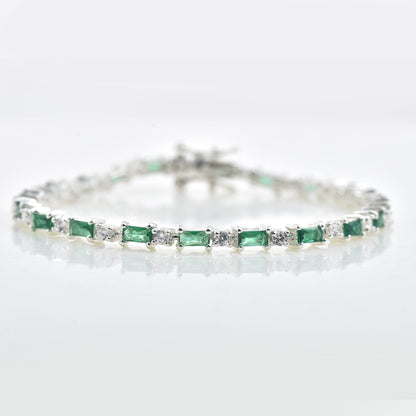 Baguette-Cut Emerald Tennis Bracelet – 925 Sterling Silver