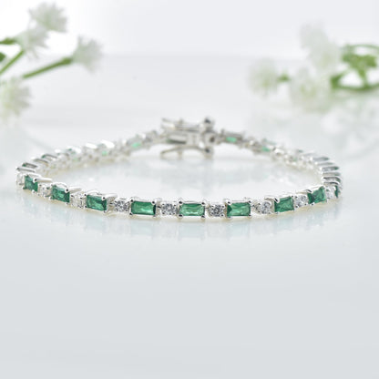 Baguette-Cut Emerald Tennis Bracelet – 925 Sterling Silver