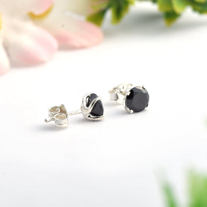 Black Onyx Solitaire Stud Earrings – 925 Sterling Silver