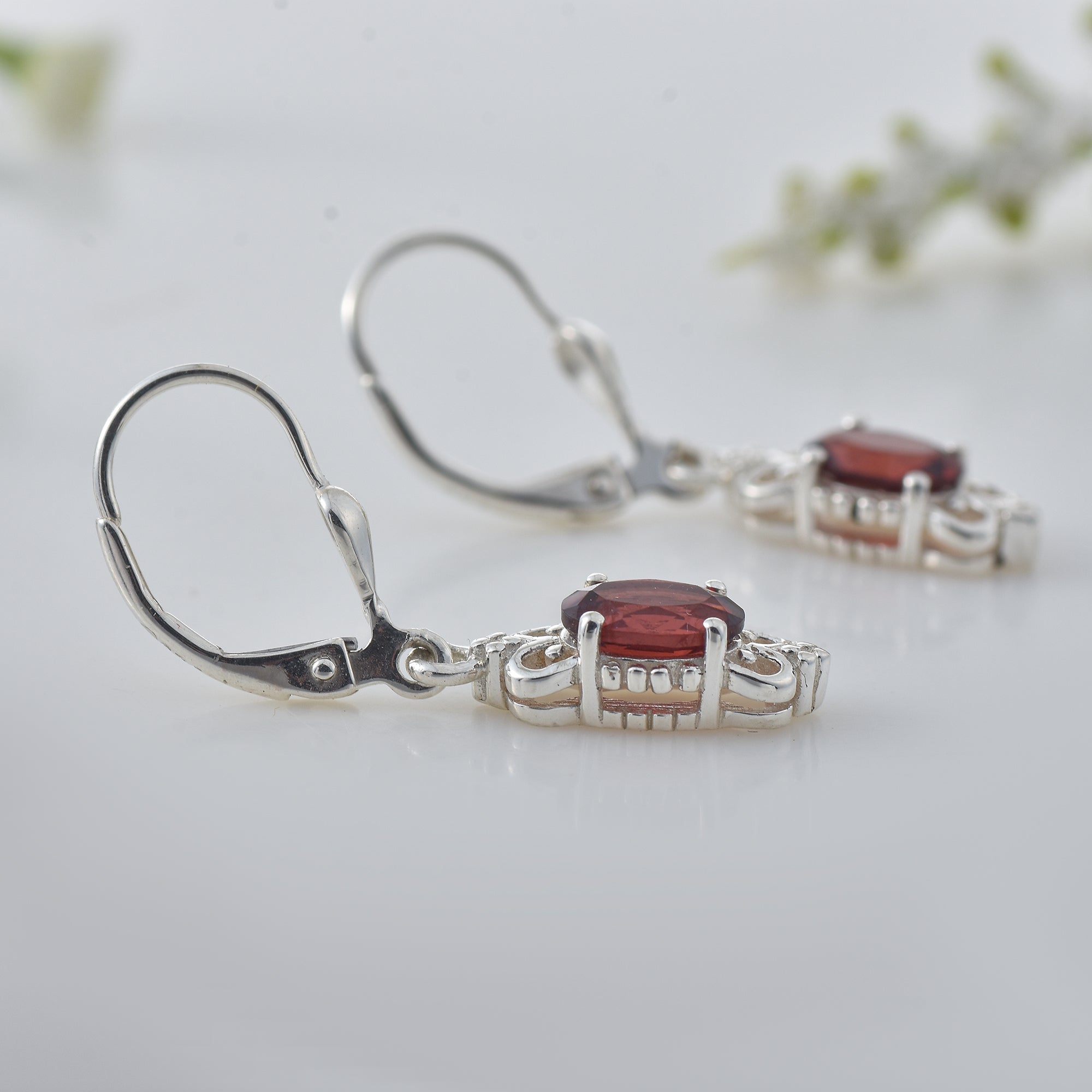 2.00 Carat Oval Garnet Drop Earrings 925 Sterling Silver