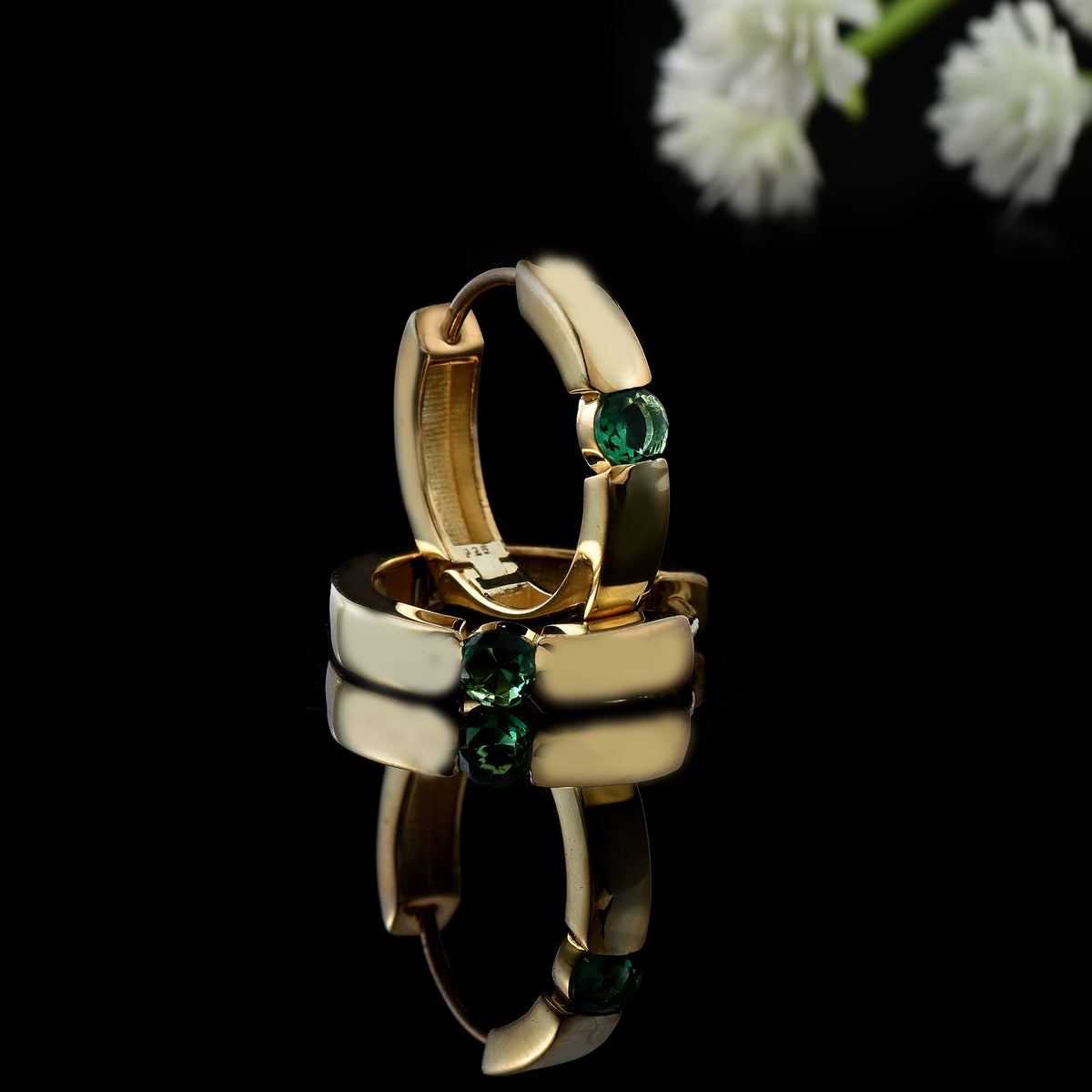 Round Emerald Mini Hoop Earrings – 925 Sterling Silver
