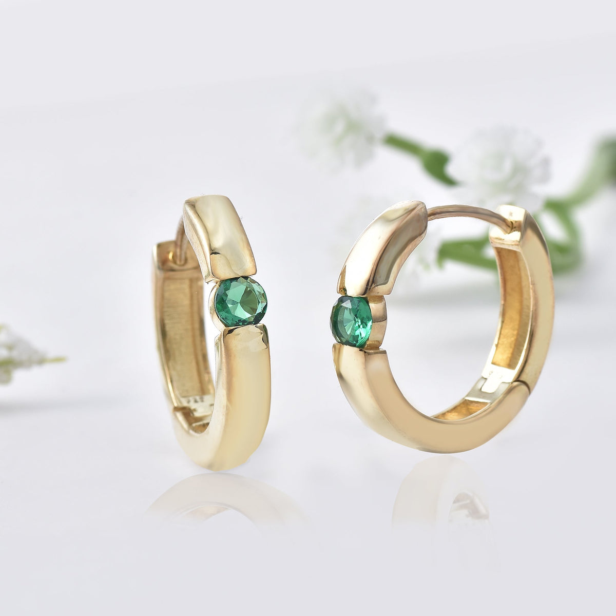 Round Emerald Mini Hoop Earrings – 925 Sterling Silver