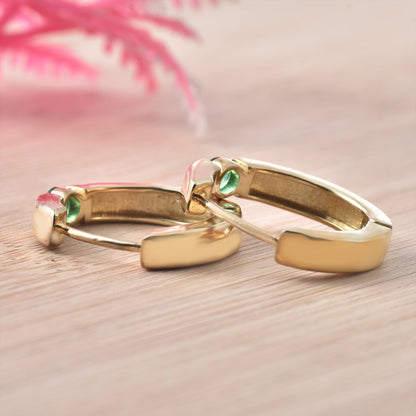 Round Emerald Mini Hoop Earrings – 925 Sterling Silver