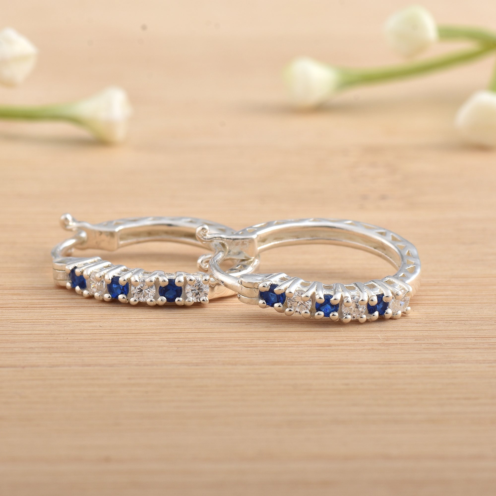 0.36 Carat Round Blue Sapphire Hoop Earrings 925 Sterling Silver