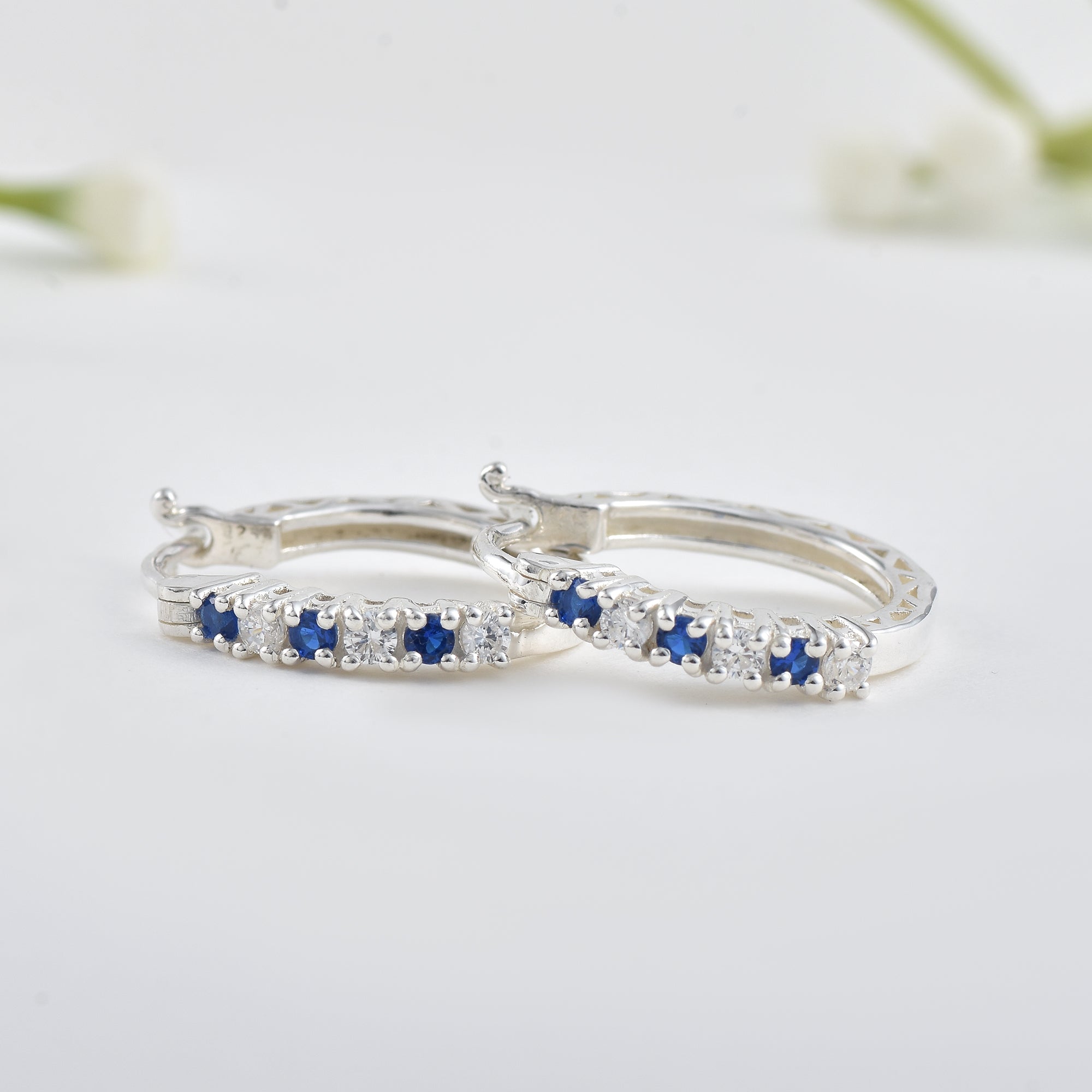 0.36 Carat Round Blue Sapphire Hoop Earrings 925 Sterling Silver