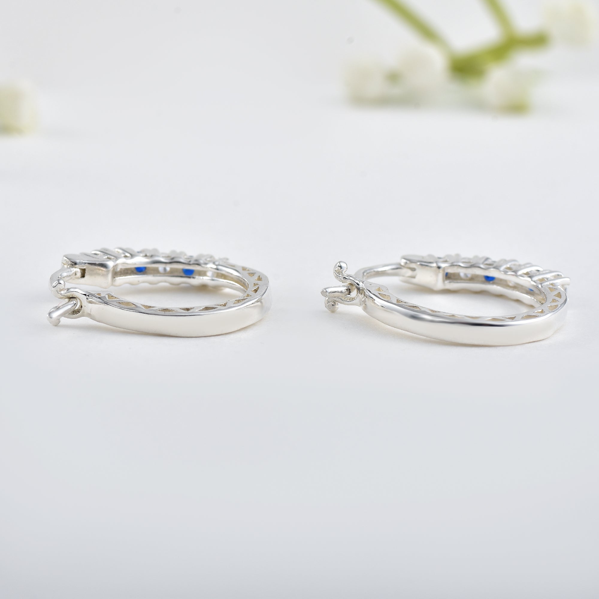 0.36 Carat Round Blue Sapphire Hoop Earrings 925 Sterling Silver