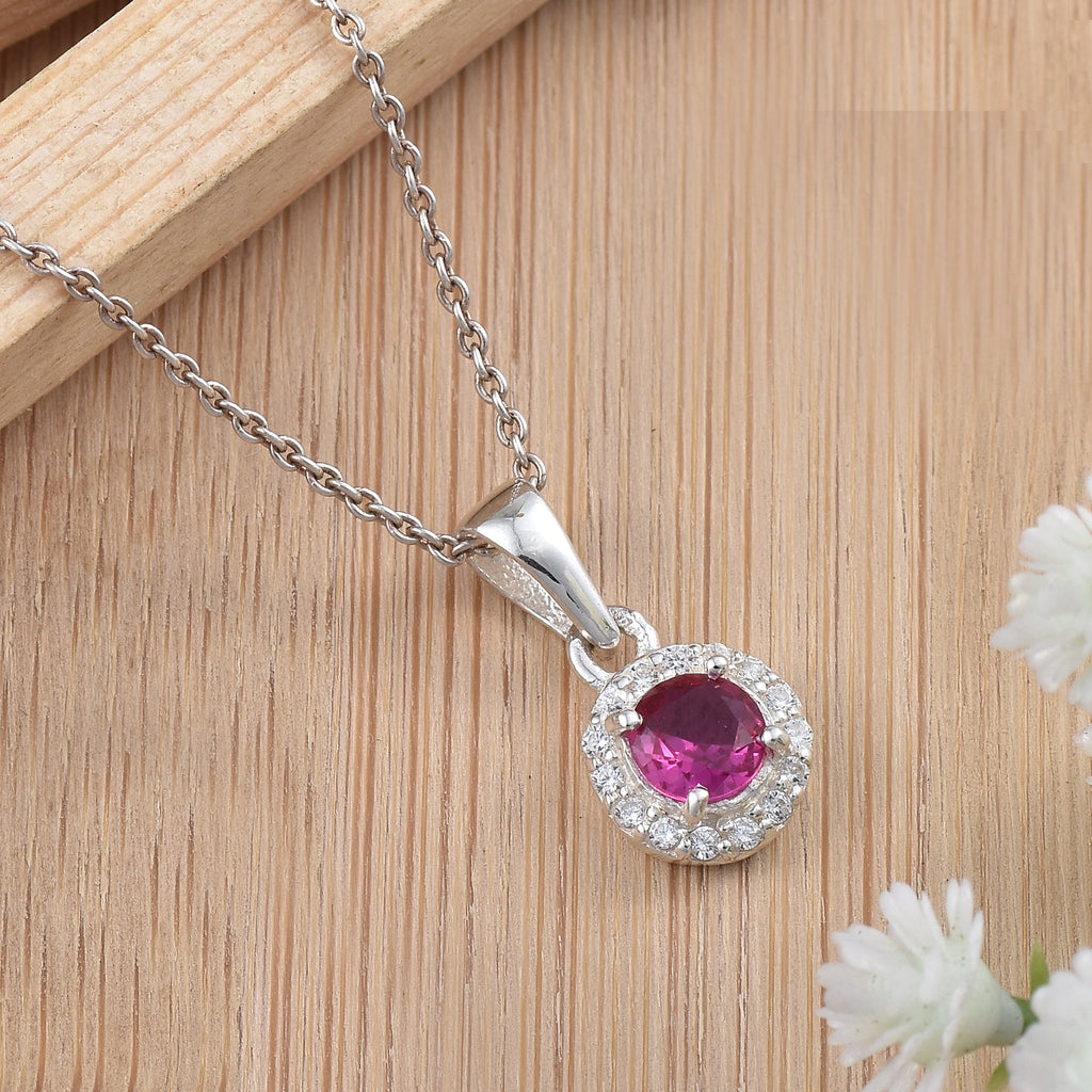 Classic 0.50 Carat Round Ruby Halo Neckalce 925 Sterling Silver
