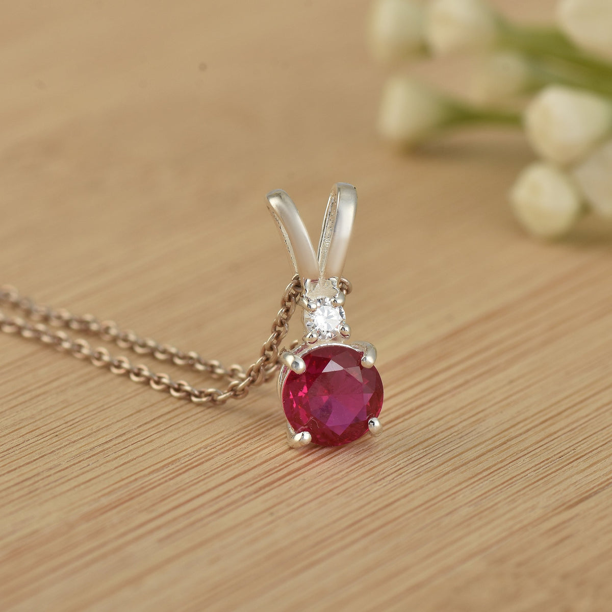 Ruby Red Round Solitaire Pendant Necklace – 925 Sterling Silver