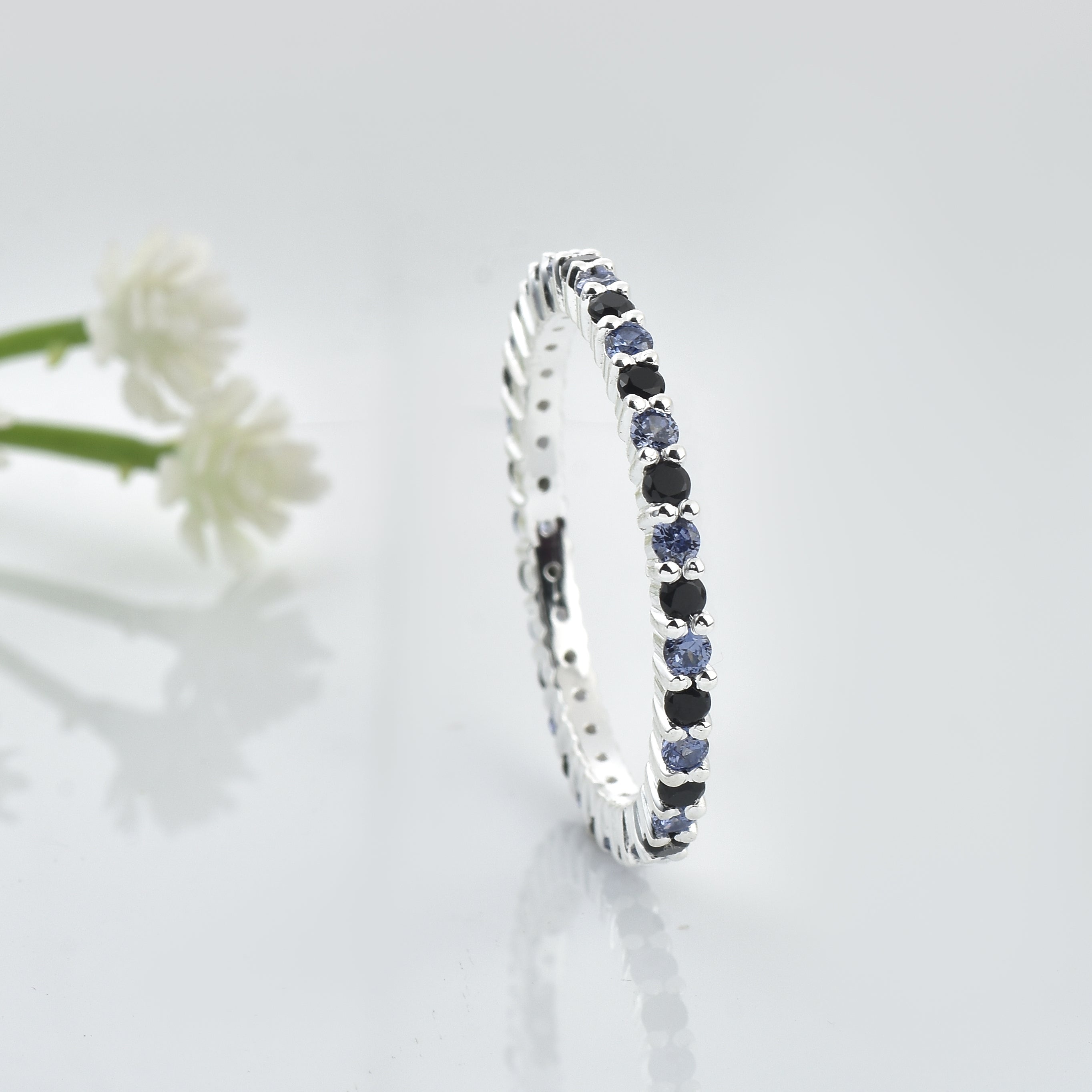 0.90 Ct Round Black Spinel & Tanzanite Eternity Band Ring 925 Sterling Silver