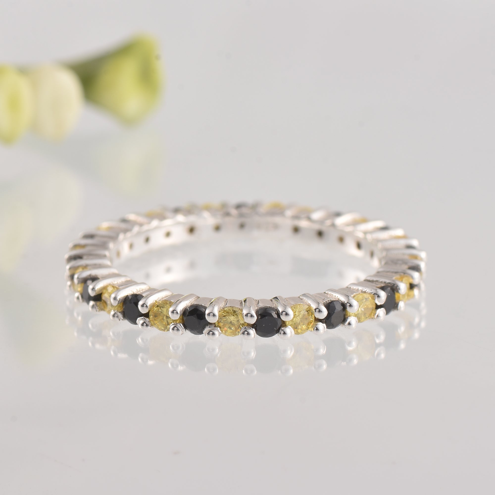 0.90 Ct Round Black Spinel & Citrine Eternity Band Ring 925 Sterling Silver