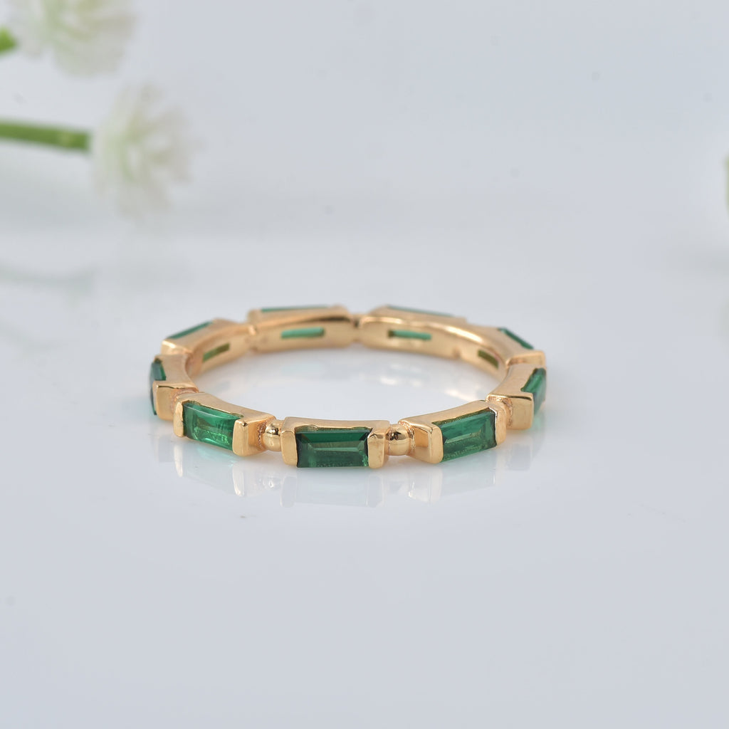 0.18 Ct Baguette Emerald Eternity Ring 925 Sterling Silver Yellow Plated