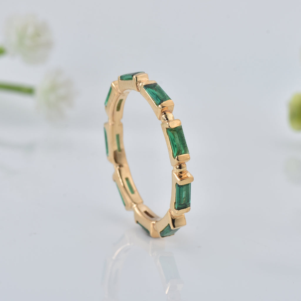 0.18 Ct Baguette Emerald Eternity Ring 925 Sterling Silver Yellow Plated