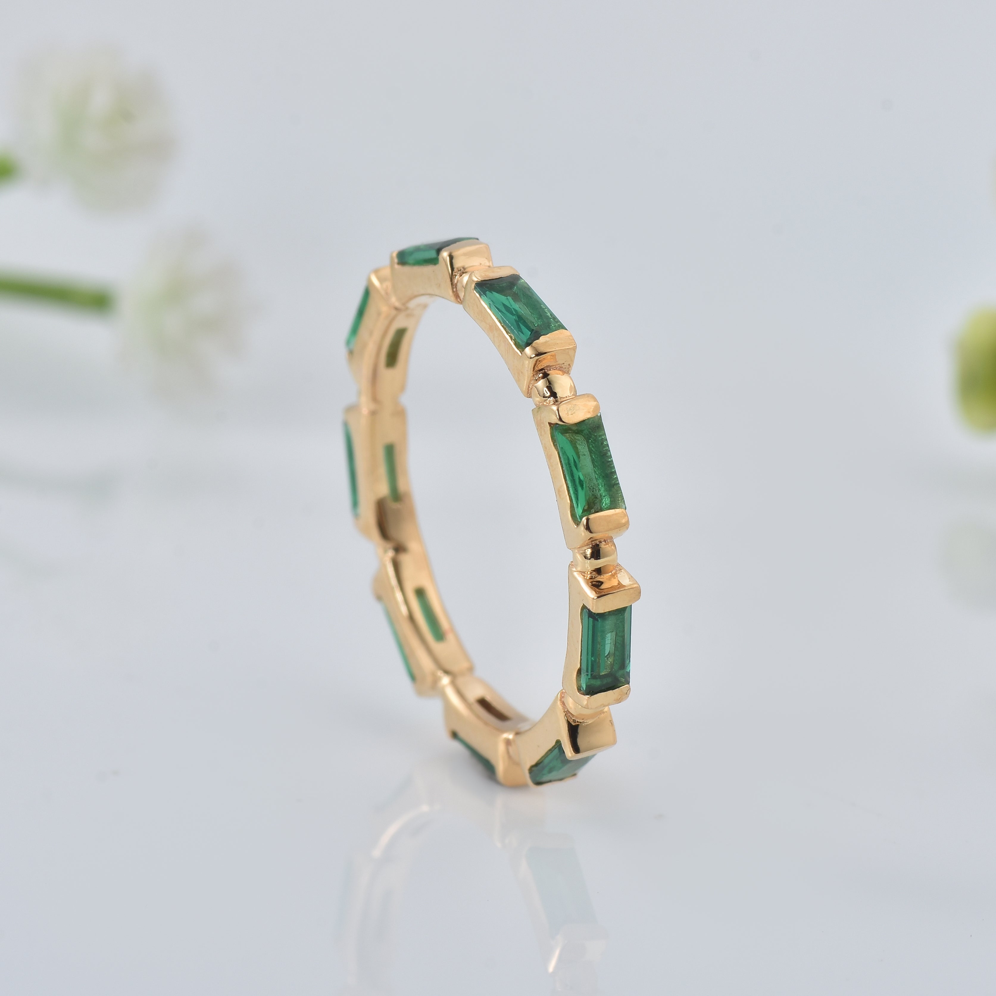 0.18 Ct Baguette Emerald Eternity Ring 925 Sterling Silver Yellow Plated