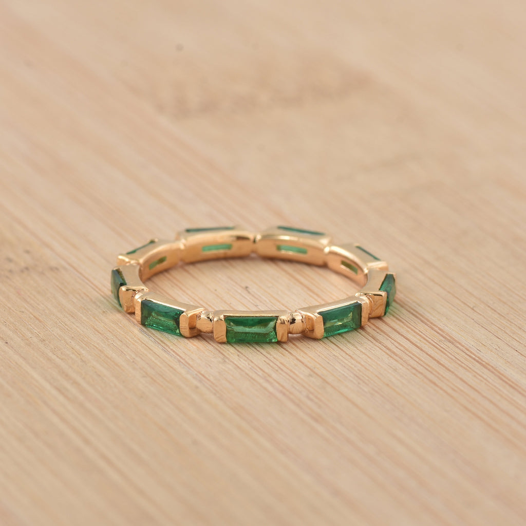0.18 Ct Baguette Emerald Eternity Ring 925 Sterling Silver Yellow Plated